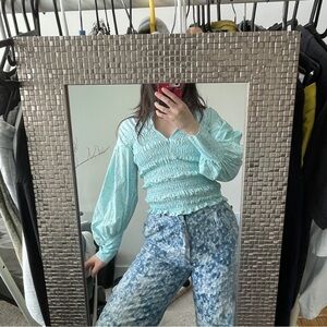 Ganni Light Blue Floral Smocked Blouse